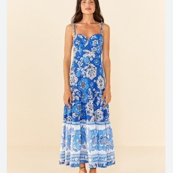 FARM Rio Dresses & Skirts - Farm Rio Blue Full Of Flowers Organic Cotton Midi Dress Garden Party | Size XL